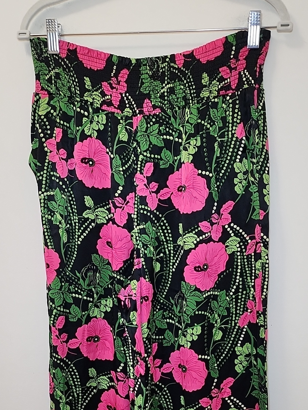 Anthropologie Maeve The Saria Smocked Wide-Leg Floral Pants Kelly Green/Pink S - Picture 4 of 16